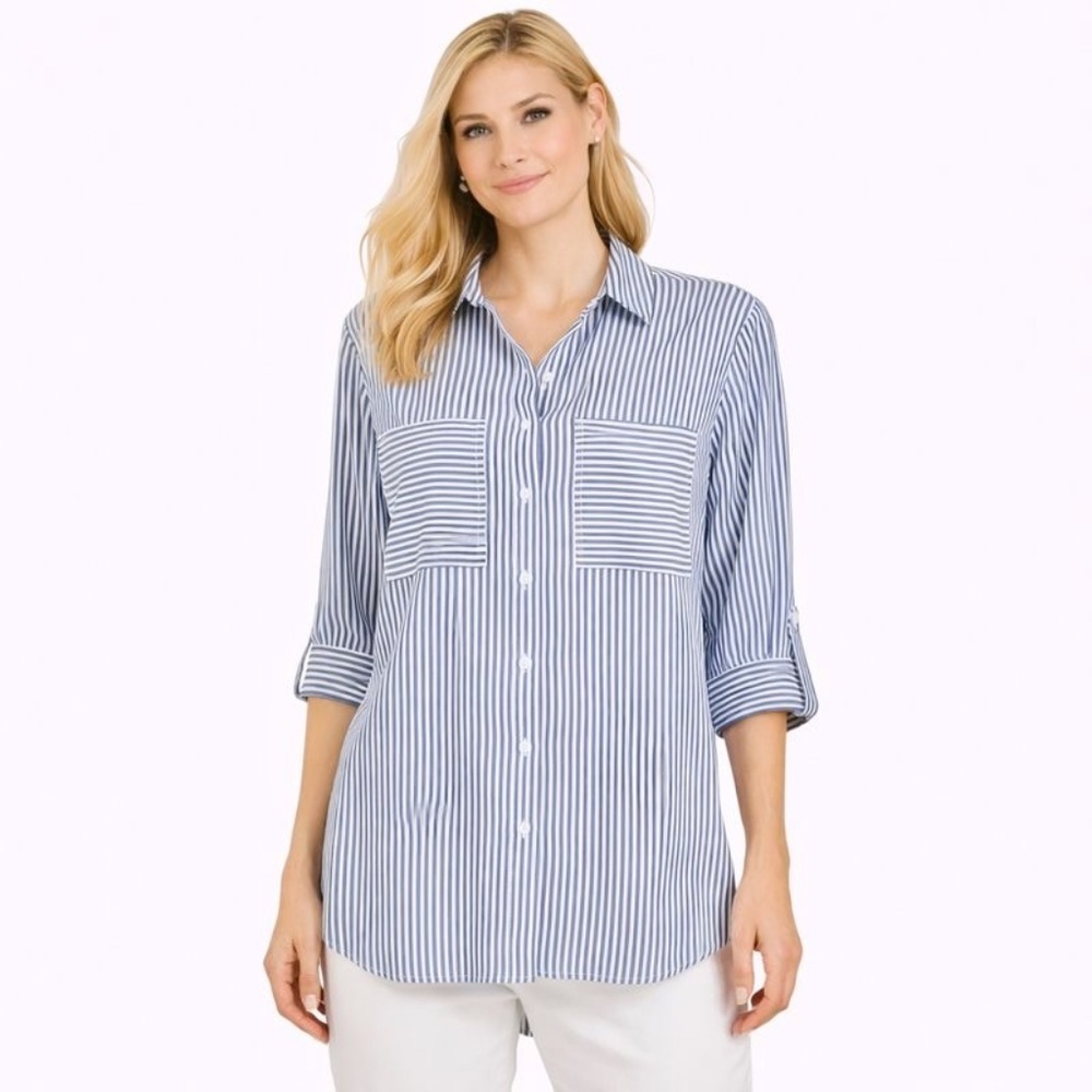 Mia & Tess Blue White Striped Button Down Shirt Roll Tab Sleeve Size M- NWT